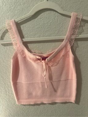 Edikted Light Pink Lace-Trim Knit Tie-Front Crop Top